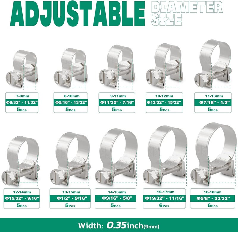 ORU 52PCS Fuel Line Clamp Assortment Kit 304 Stainless Steel,10 Sizes Adjustable 9/32"-23/32" Dia (7-18mm) Mini Fuel Injection Gas Line Hose Clamps,Pipe Clamp for Automotive,Diesel Petrol Pipe - Image 2